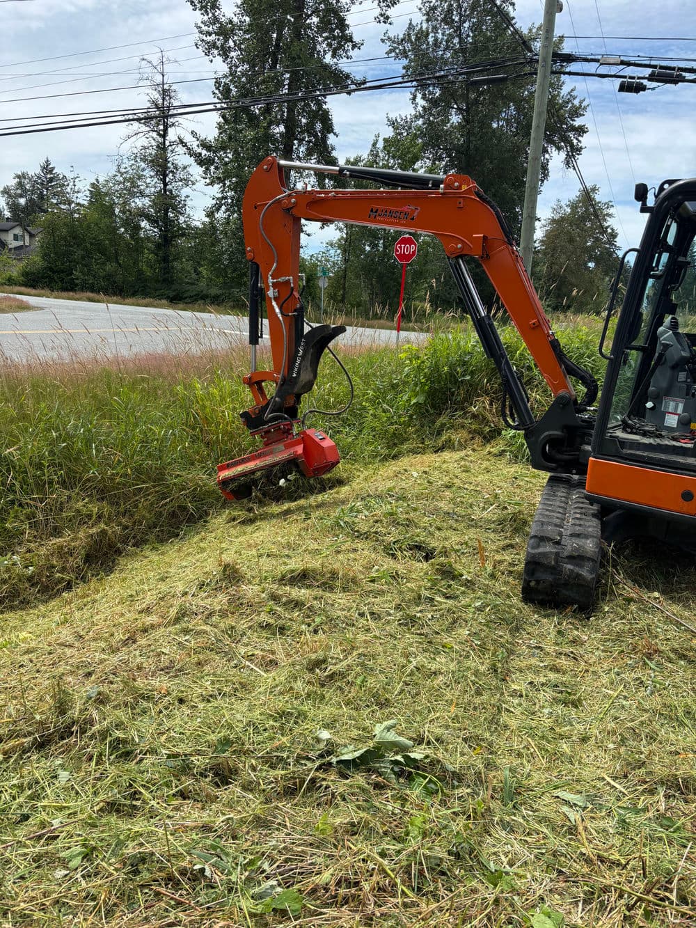 Excavator with brush cutter attachment clearing vegetation near a roadside.