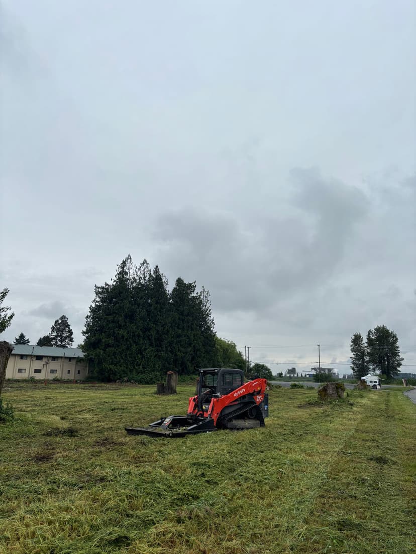 Bobcat skid steer clearing grass in a field under a cloudy sky.
